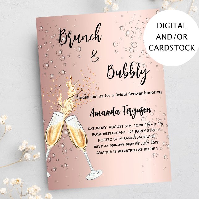 Invitación Brunch Bubbly Bridal Shower burbujas de oro rosa (Subido por el creador)