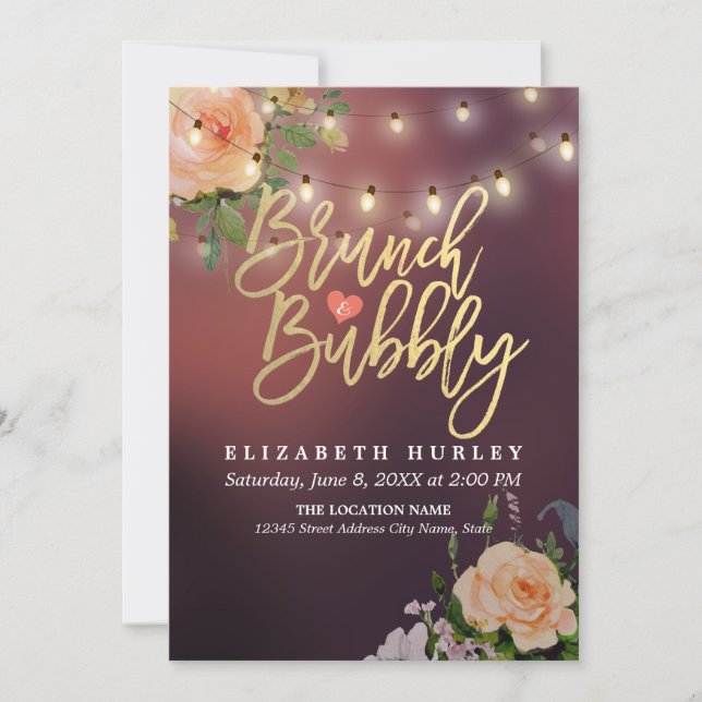 Invitación Brunch Bubbly Bridal Shower Floral String Luces (Anverso)