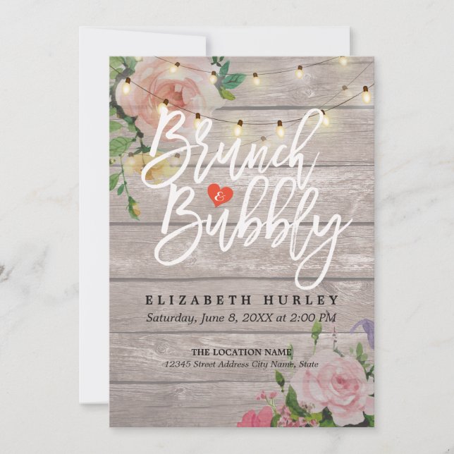 Invitación Brunch Bubbly Bridal Shower Floral String Luces (Anverso)