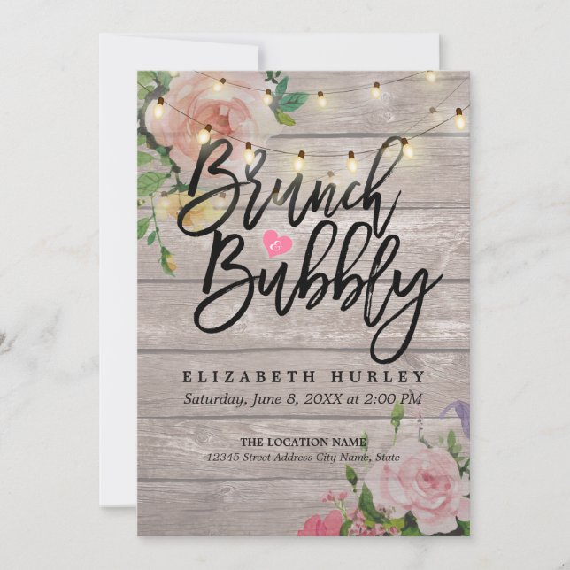 Invitación Brunch Bubbly Bridal Shower Floral String Luces (Anverso)