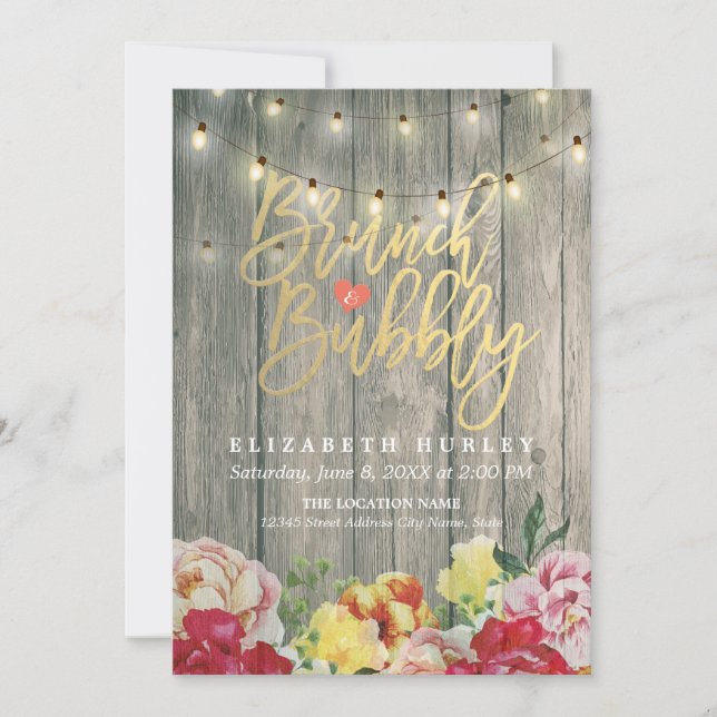 Invitación Brunch Bubbly Bridal Shower Floral String Luces (Anverso)