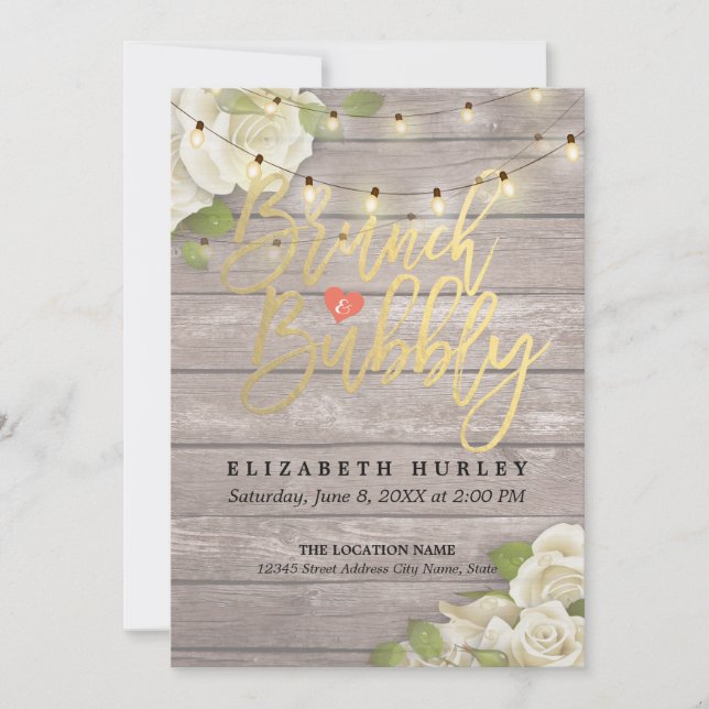 Invitación Brunch Bubbly Bridal Shower Floral String Luces (Anverso)
