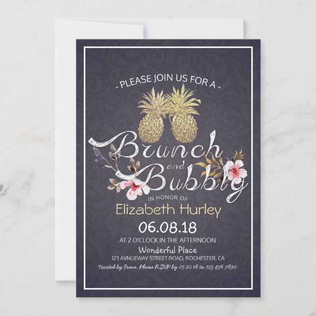 Invitación Brunch Bubbly Bridal Shower Gold Pineapple Pareja (Anverso)