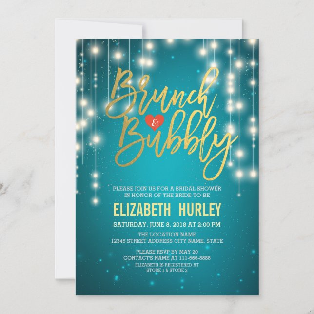 Invitación Brunch Bubbly Bridal Shower Gold Script Turquoise (Anverso)