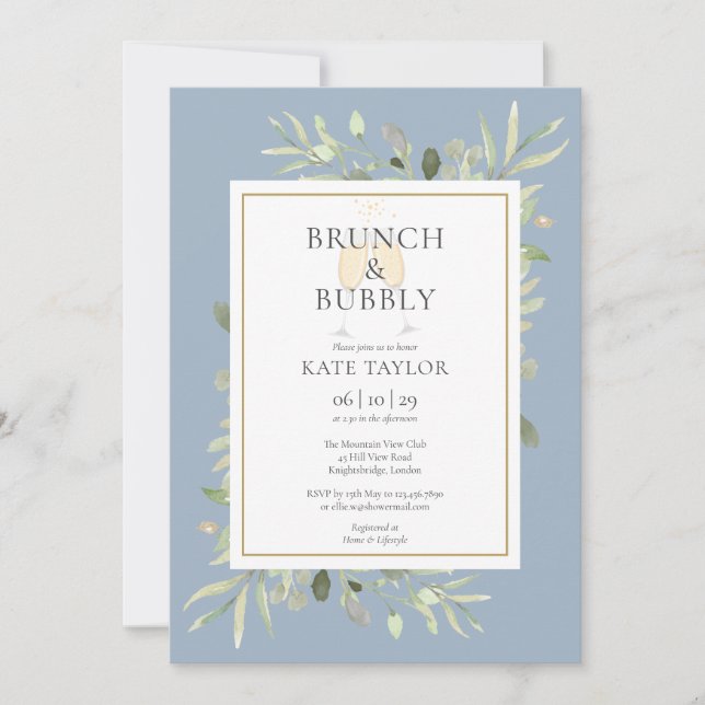 Invitación Brunch Bubbly Bridal Shower Greenery Blue (Anverso)