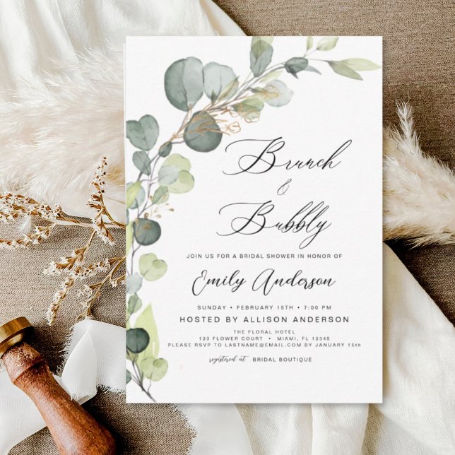 Invitación Brunch & Bubbly Bridal Shower Greenery Eucalyptus (Subido por el creador)