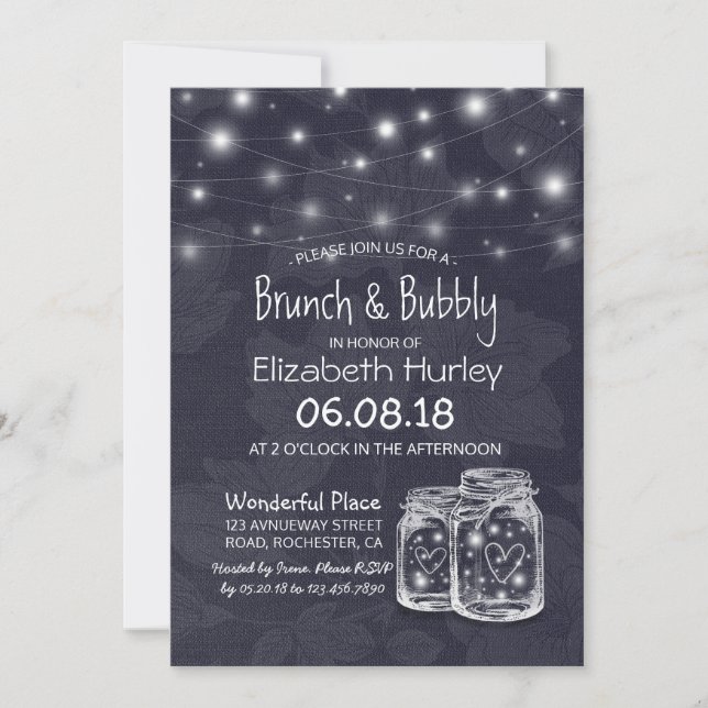 Invitación Brunch Bubbly Bridal Shower Mason Jar String Light (Anverso)