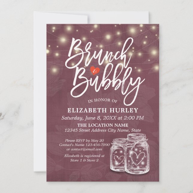 Invitación Brunch Bubbly Bridal Shower Mason Jar String Light (Anverso)