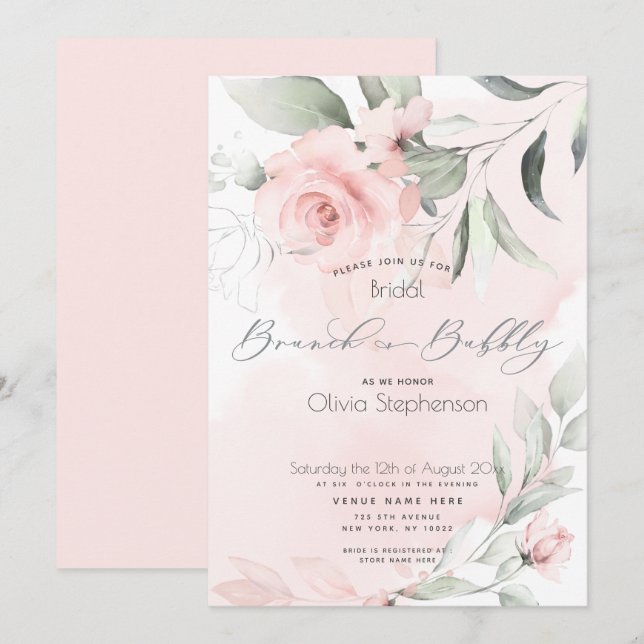Invitación Brunch Bubbly Bridal Shower Pale Pink Floral (Anverso / Reverso)