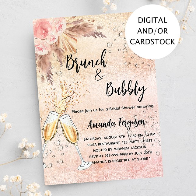 Invitación Brunch Bubbly Bridal Shower rosa pampas pasto (Subido por el creador)
