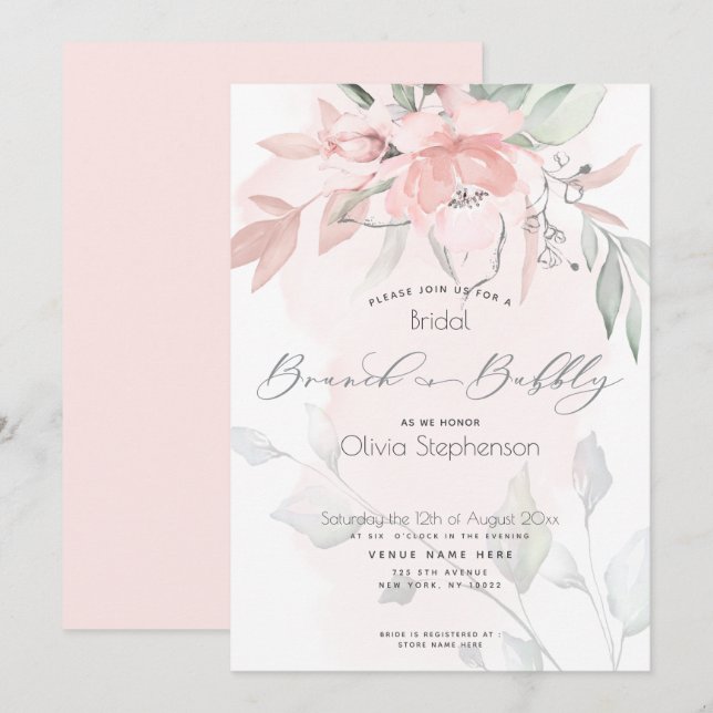 Invitación Brunch Bubbly Bridal Shower Rubor Wild Rosa Invita (Anverso / Reverso)