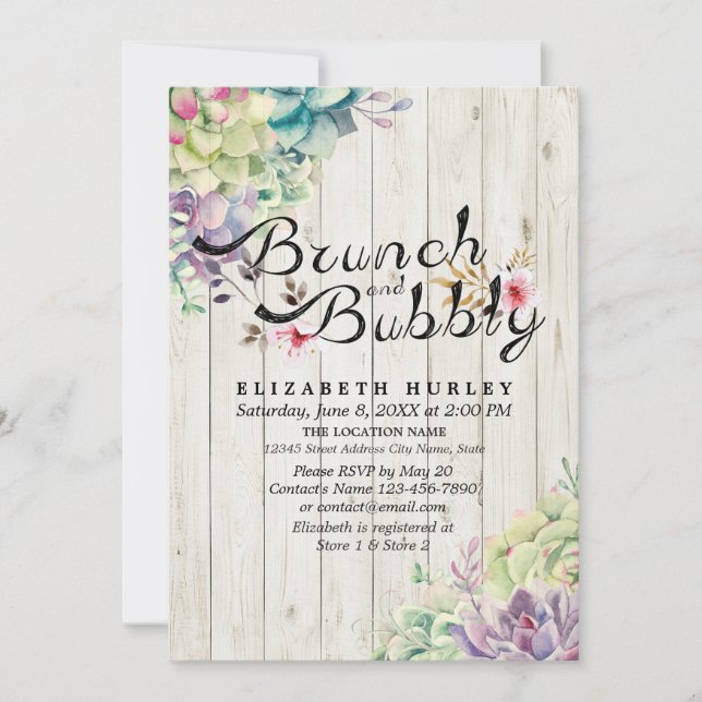 Invitación Brunch Bubbly Bridal Shower Suculento Madera Rústi (Anverso)