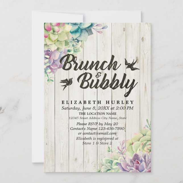 Invitación Brunch Bubbly Bridal Shower Suculento Madera Rústi (Anverso)
