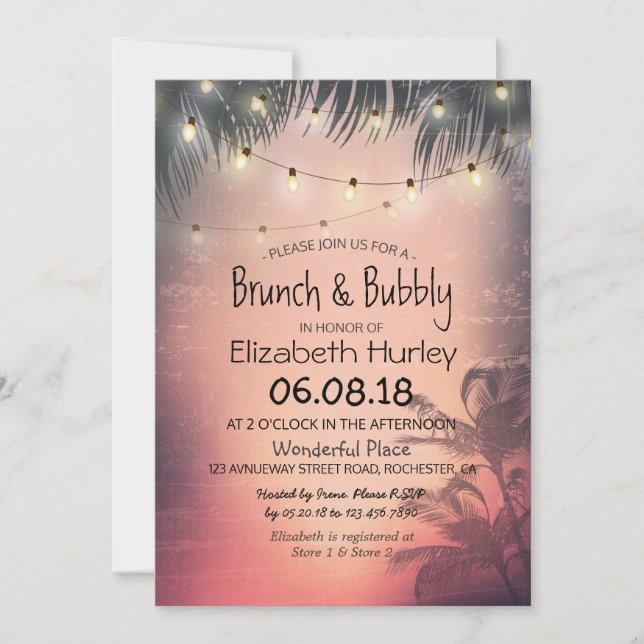 Invitación Brunch Bubbly Bridal Shower Summer Palm Tree Light (Anverso)