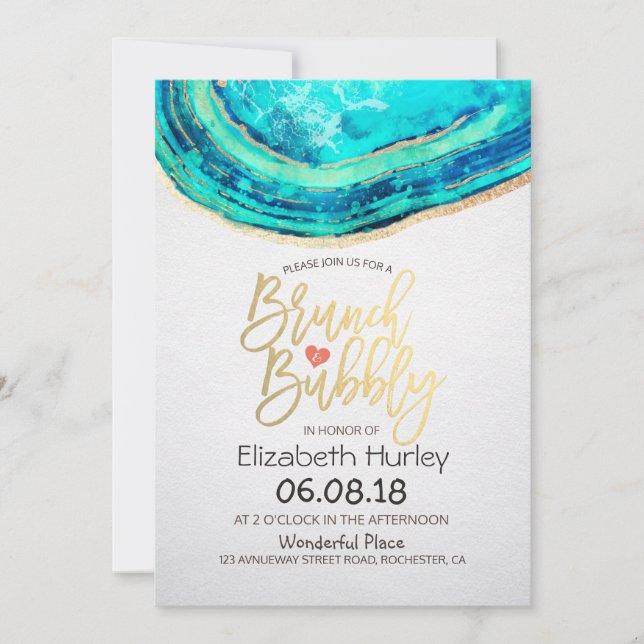 Invitación Brunch Bubbly Bridal Shower Verde azulada Gold Ago (Anverso)