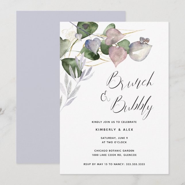 Invitación Brunch Bubbly Bridal Shower Watercolor Eucalyptus (Anverso / Reverso)