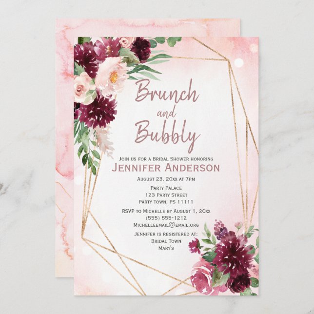 Invitación Brunch & Bubbly Burgundy Rosa Bridal Shower (Anverso / Reverso)