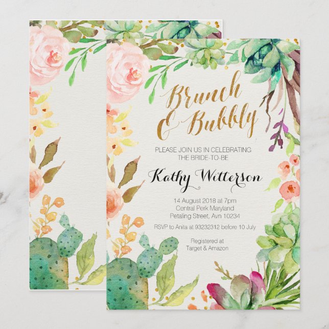Invitación Brunch & Bubbly Cactus suculento (Anverso / Reverso)