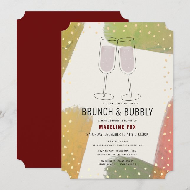 Invitación Brunch & Bubbly Champagne Burgundy Bridal Shower (Anverso / Reverso)