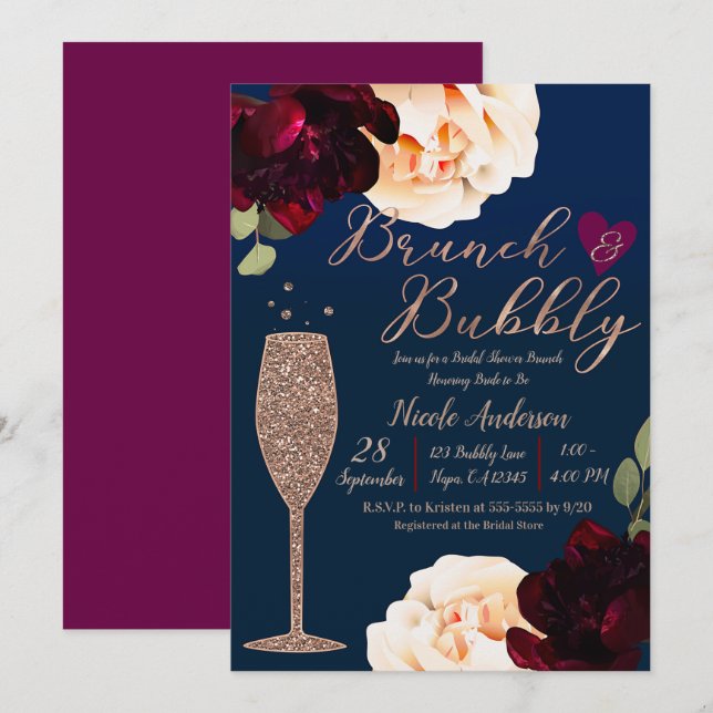 Invitación Brunch & Bubbly Champagne Ducha azul de novia Oscu (Anverso / Reverso)