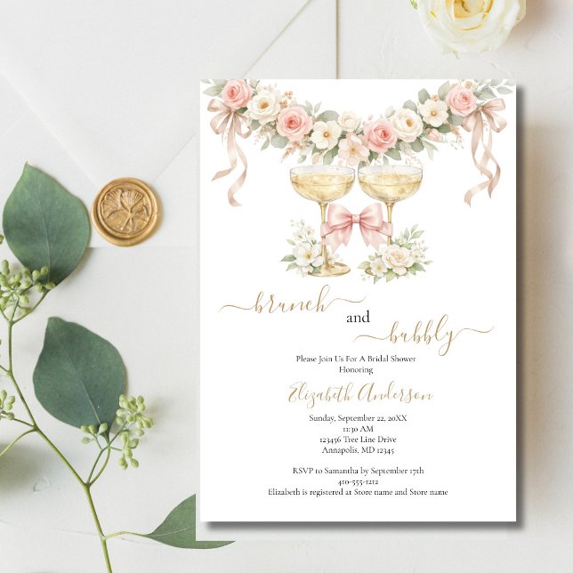 Invitación Brunch Bubbly Champagne Glass Pink Bridal Shower (Brunch Bubbly Pink Florals Champagne Glasses Bridal Shower Couples Shower Invitation. )