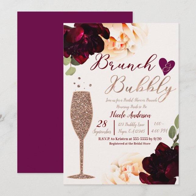 Invitación Brunch & Bubbly Champagne Rosa Gold Bridal (Anverso / Reverso)