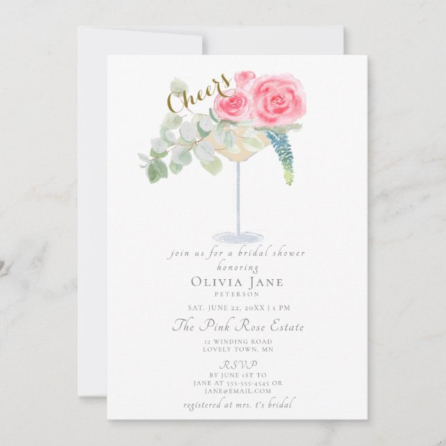 Invitación Brunch Bubbly Cheke Cocktail Rosas Bridal Shower (Anverso)