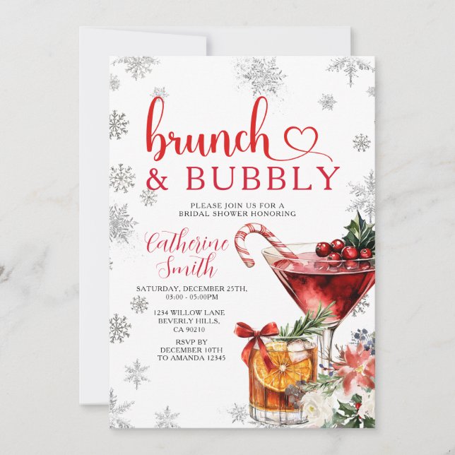 Invitación Brunch Bubbly Christmas Dinner Bridal Shower  (Anverso)