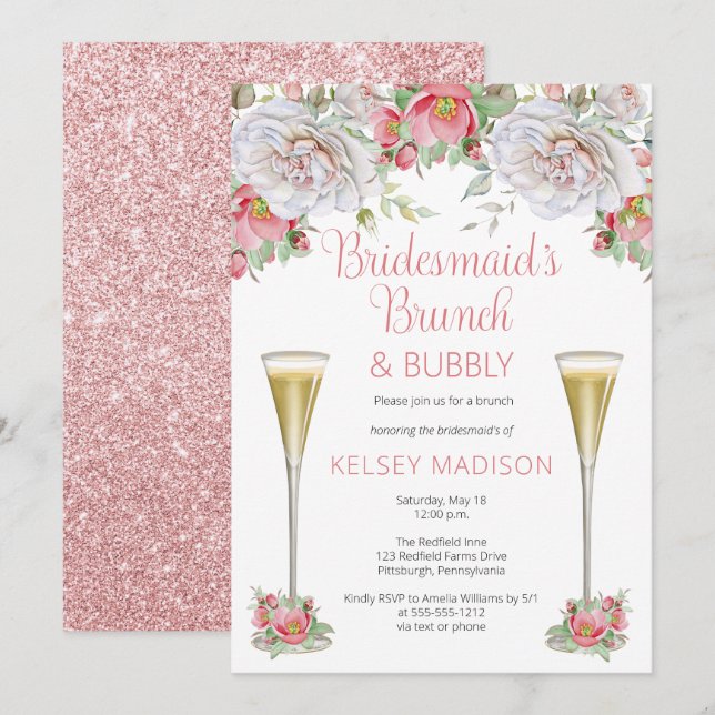 Invitación Brunch & Bubbly de Bridesmaid con flores rosadas (Anverso / Reverso)