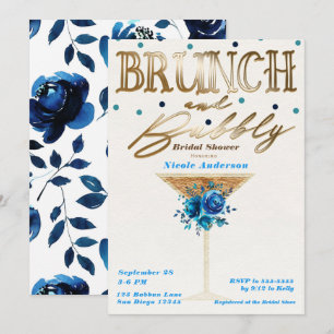 Invitación Brunch Bubbly Dorado Azul Teal Floral Bridal Showe