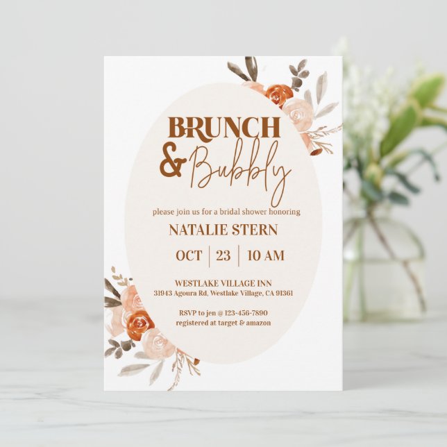 Invitación Brunch & Bubbly, ducha de novias, novia floral (Anverso de pie)