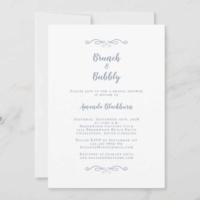 Invitación Brunch & Bubbly Elegy Blue Bridal Shower (Anverso)