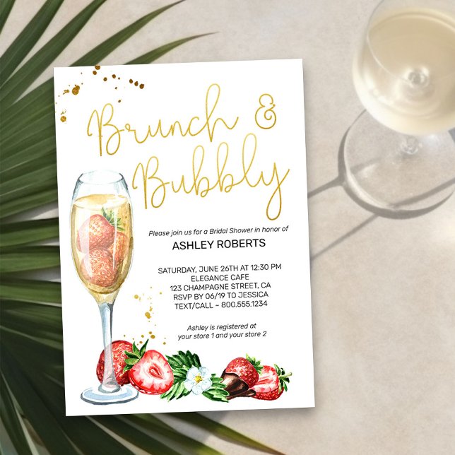 Invitación Brunch Bubbly Fresas de fresa Champagne Bridal Duc (Champagne & Strawberries Brunch and Bubbly Bridal Shower Invitation)