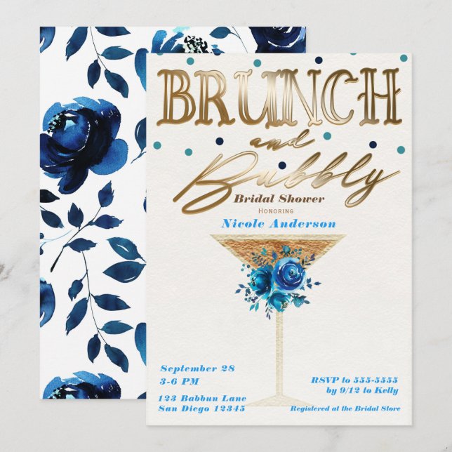 Invitación Brunch Bubbly Gold Azul Teal Floral Despedida de S (Anverso / Reverso)