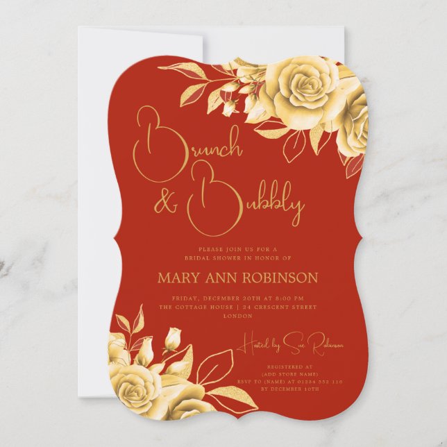 Invitación BRUNCH & BUBBLY Gold Floral Bridal Shower Red (Anverso)