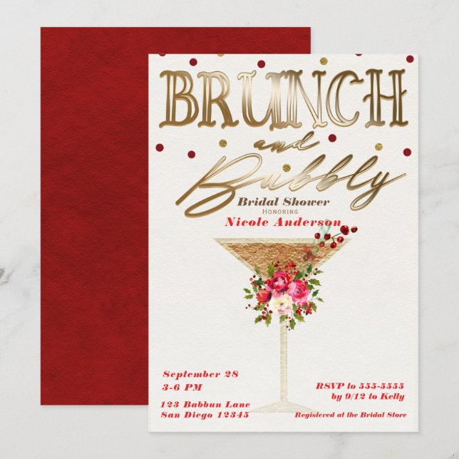 Invitación Brunch & Bubbly Gold Rojo Fiesta de Despedida de S (Anverso / Reverso)