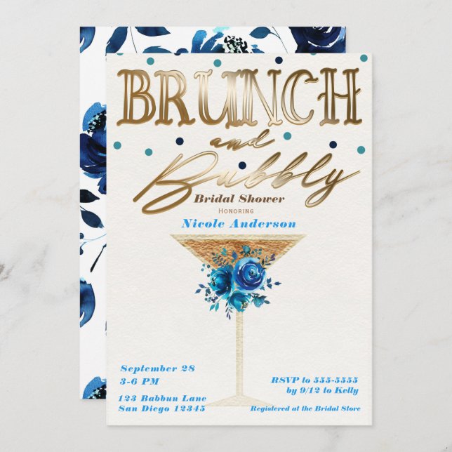 Invitación Brunch Bubbly Gold Verde azulada Blue Floral Brida (Anverso / Reverso)