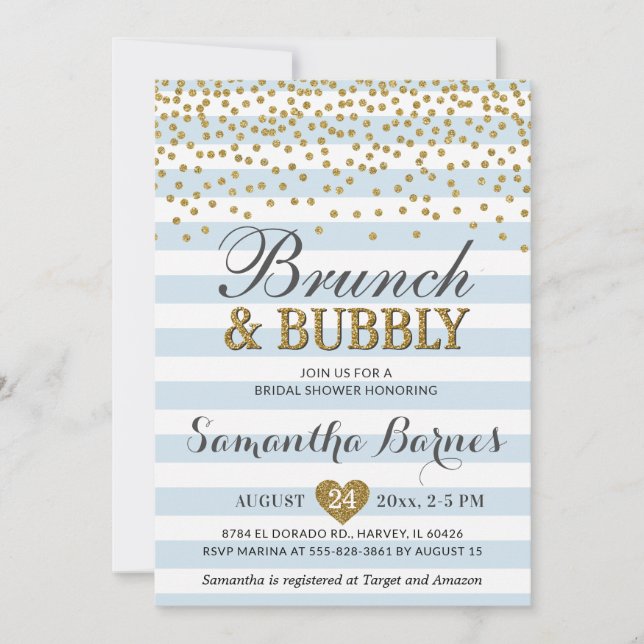 Invitación Brunch Bubbly Light Blue Gold Moda Bridal Shower (Anverso)