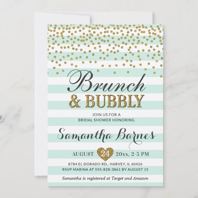 Invitación Brunch Bubbly Mint Green Gold Bridal Shower Stripe (Anverso)