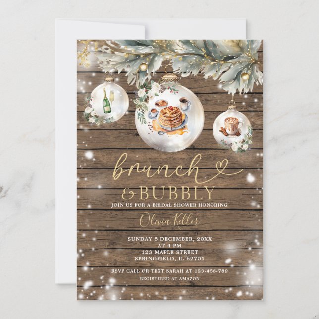 Invitación Brunch Bubbly Navidades de madera Baubles Bridal S (Anverso)