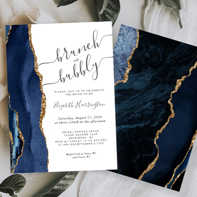 Invitación Brunch & Bubbly Navy Blue Gold Agate Bridal Shower (Subido por el creador)