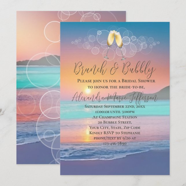 Invitación Brunch Bubbly Pastel Sunset Beach Bridal Shower (Anverso / Reverso)