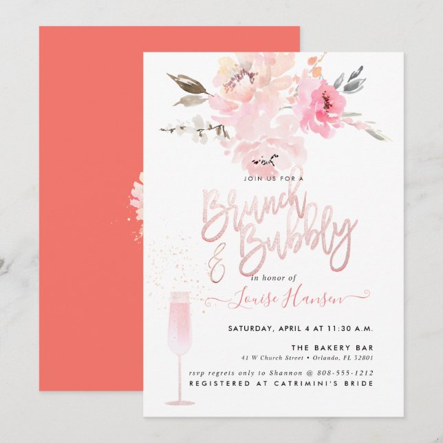 Invitación Brunch+Bubbly, Peonías Rosadas Acuarela (Anverso / Reverso)