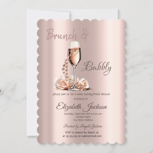Invitación Brunch & Bubbly Perlas de Vidrio Rosa para Despedi (Anverso)