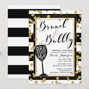 Invitación Brunch & Bubbly Rayas Negras y Blancas Confeti Dor