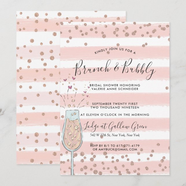 Invitación Brunch & Bubbly Rosa Gold Champagne Bridal Ducha (Anverso / Reverso)