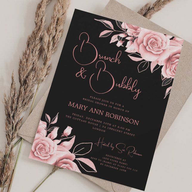 Invitación BRUNCH BUBBLY Rosa Gold Floral Bridal Shower Black (BRUNCH BUBBLY Rose Gold Floral Bridal Shower Black Invitation)