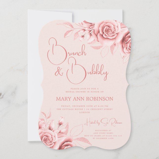 Invitación BRUNCH BUBBLY Rosa Gold Floral Bridal Shower Rubor (Anverso)