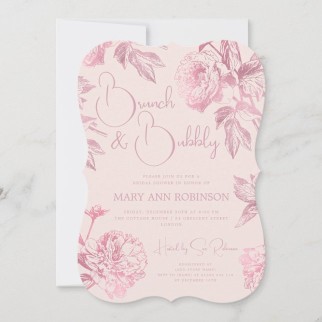 Invitación BRUNCH BUBBLY Rosa Gold Floral Bridal Shower Rubor (Anverso)