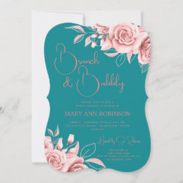 Invitación BRUNCH BUBBLY Rosa Gold Floral Bridal Shower Verde